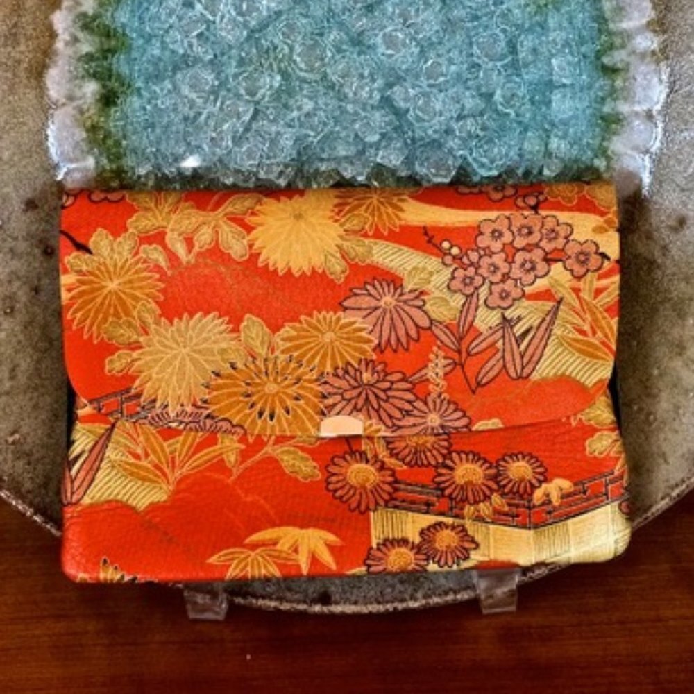 No longer for Sale. Japanese Lotus Floral Leather Kisslock Frame Clutch Bag